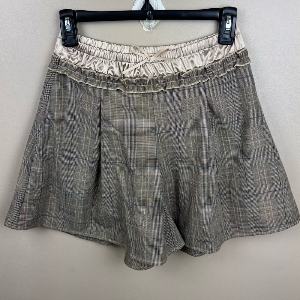 Cider Double Tan Mid Waist Check Bowknot Skort